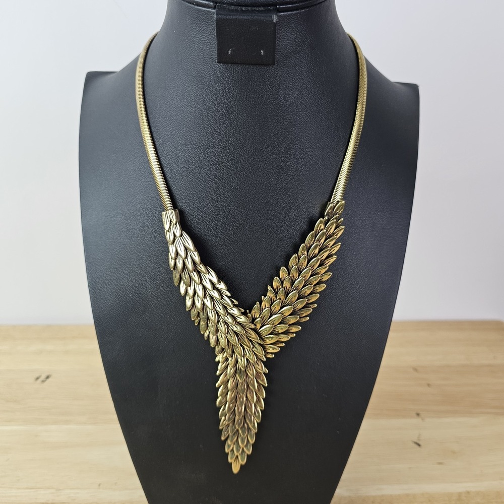 Gold Tone Feather Leaf Layered Chain Statement Necklace Raven Bird Metal Boho